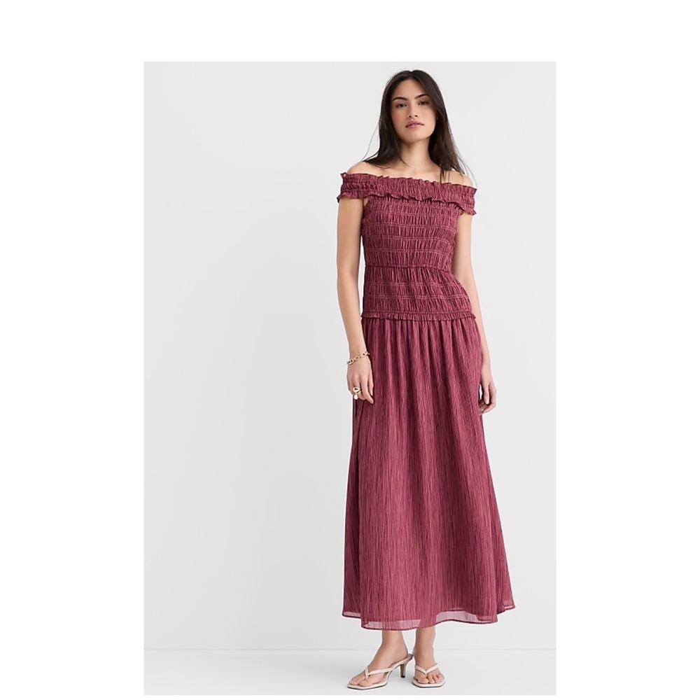 LOFT Womens Ethereal Rose Smocked Off The Shoulder Crinkle Maxi Dress Medium NWT